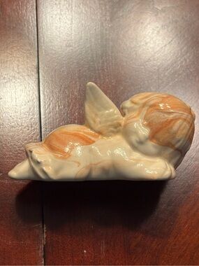 Adorable Ceramic Sleeping Angel Cream & Reddish Orange Clay Swirled Glaze 2”H